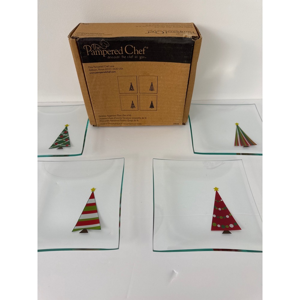 The Pampered Chef Holiday Appetizer Plate Set Of 4 Clear Christmas Tree Glass